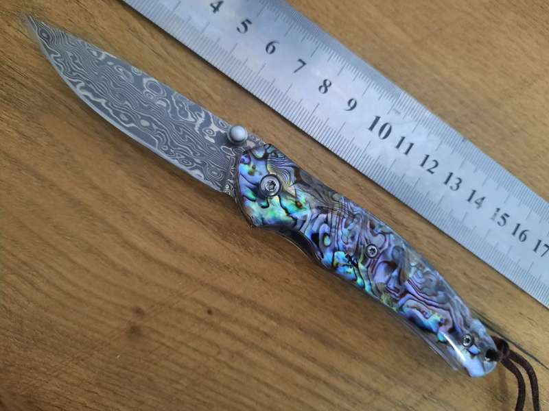 Damascus VG-10 Stainless Steel folding knife, Sharp, Abalone handle Scales.
