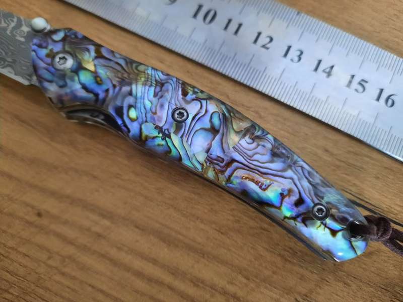 Damascus VG-10 Stainless Steel folding knife, Sharp, Abalone handle Scales.