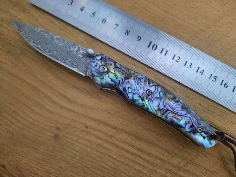 Damascus VG-10 Stainless Steel folding knife, Sharp, Abalone handle Scales.
