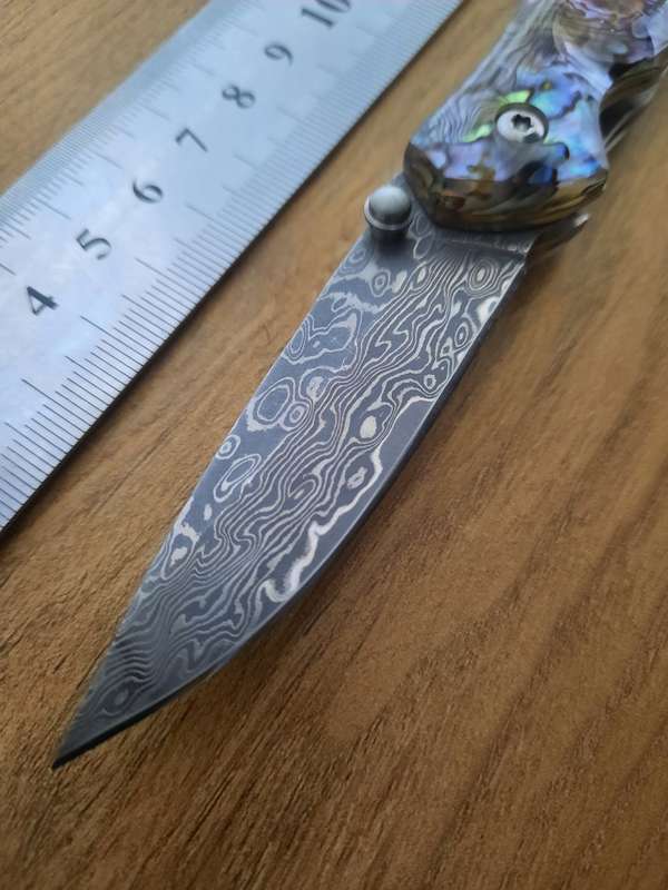 Damascus VG-10 Stainless Steel folding knife, Sharp, Abalone handle Scales.