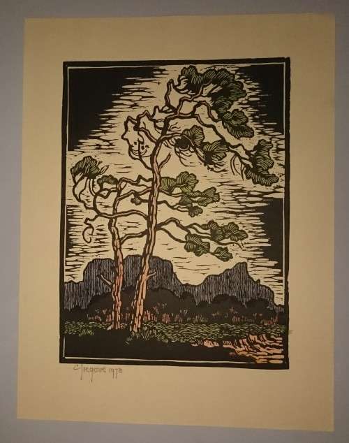 Twee Bome, Vlakte en Tafelberg Water Colored Linocut by Gregoire Boonzaier Dated 1978