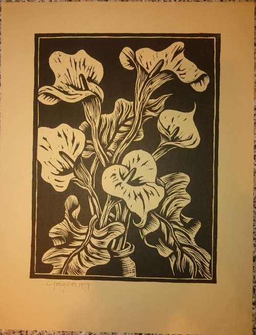 Arum Lillies Linocut by Gregoire Boonzaier Dated 1979