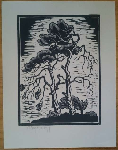 Windswept Trees. Linocut by Gregoire Boonzaier Dated 1979