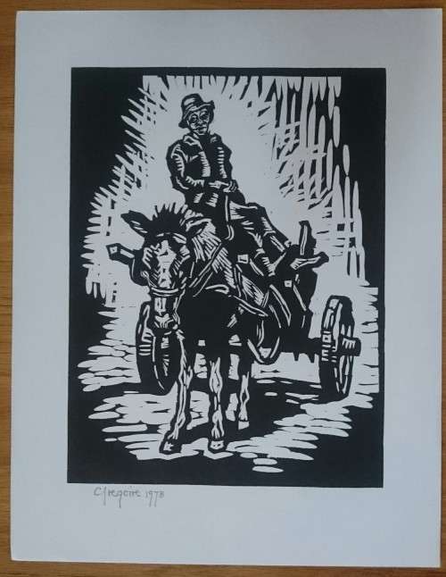 Donkey Cart Linocut By Gregoire Boonzaier Dated 1978