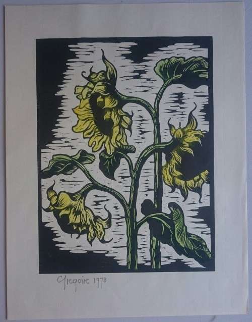 Watercoloured Sunflowes  Linocut by Gregoire Boonzaier Dated 1978
