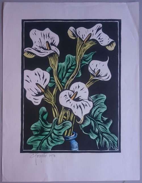 Watercoloured Still Life Sunflowers Linocut by Gregoire Boonzaier Dated 1978