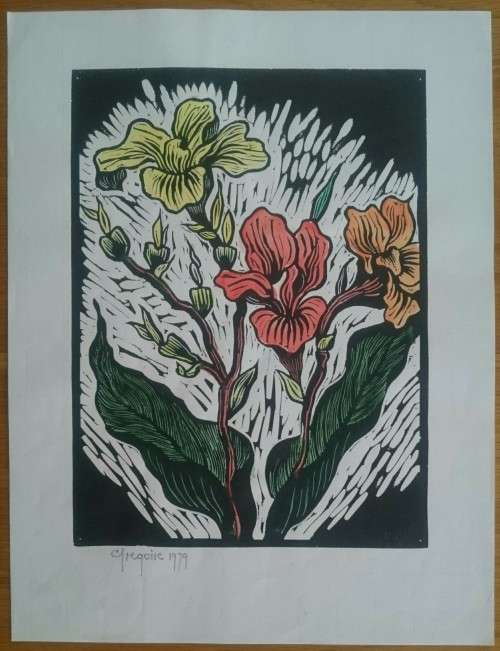 Watercolored Wildflowers Linocut by Gregoire Boonzaier Dated 1979