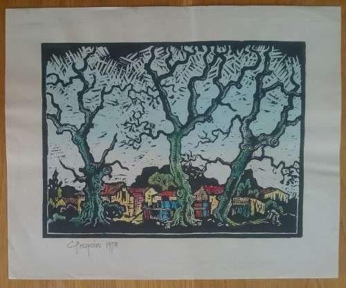 Watercolored Huise Tussen Bome en Tafelberg Linocut by Gregoire Boonzaier Dated 1978