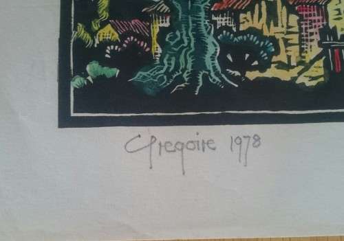 Watercolored Huise Tussen Bome en Tafelberg Linocut by Gregoire Boonzaier Dated 1978