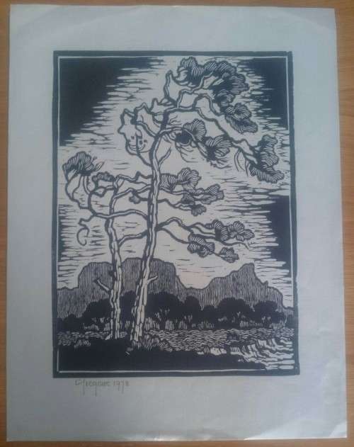 Windswept Trees and Table Mountain Linocut by Gregoire Boonzaier Dated 1978