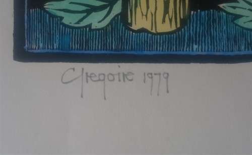 Watercolored, Still Life Hibiscus Flowers, Linocut By Gregoire Boonzaier Dated 1979