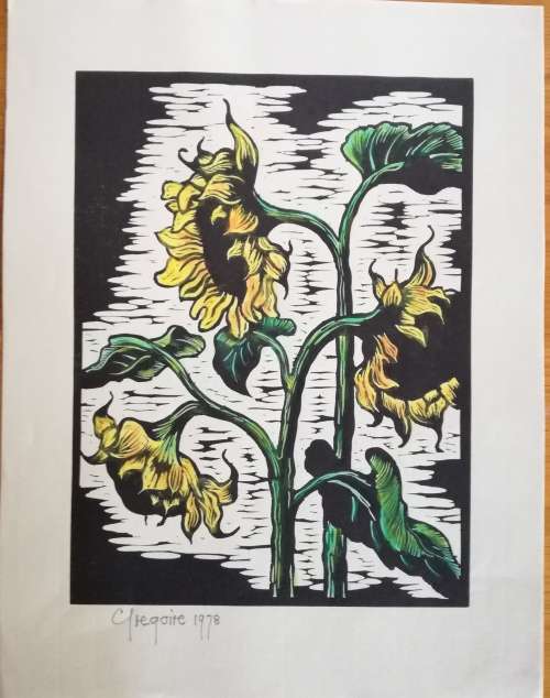 Watercolored, Sunflowers, Linocut By Gregoire Boonzaier Dated 1978