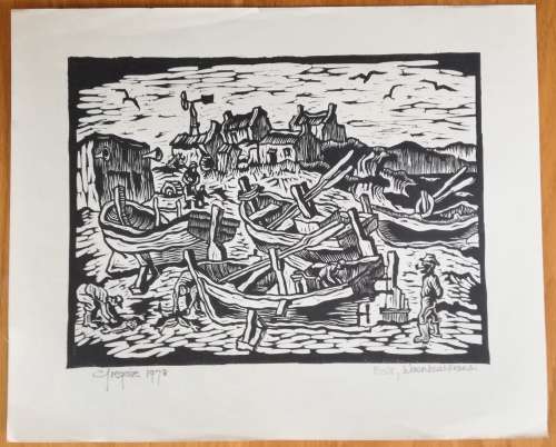 Bote, Waenhuiskrans, Linocut By Gregoire Boonzaier Dated 1978