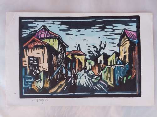 GREGOIRE BOONZAIER WATERCOLOR LINOCUT SIGNED IN PENCIL