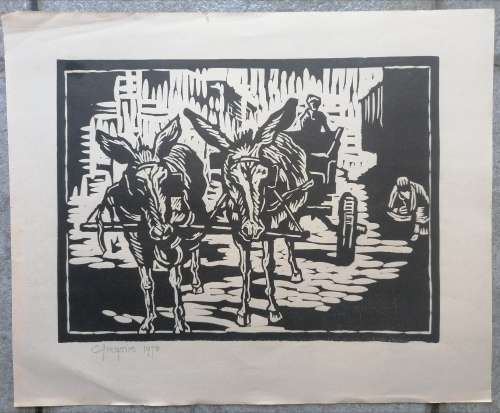 Rare! Double Donkey Cart Linocut By Gregoire Boonzaier, Signed and Dated 1978 in Pencil, UNFRAMED