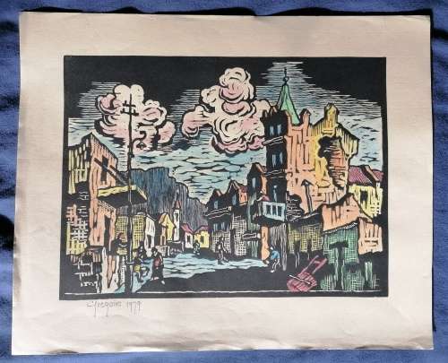 Gregoire Boonzaier Watercolor Linocut, District 6, Signed and Dated 1979 in Pencil