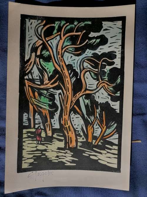 Gregoire Boonzaier Watercolor Linocut, Signed but not Dated