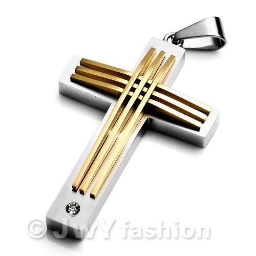 SILVER AND GOLD STAINLESS STEEL MENS CROSS... NO reason Woman cant wear it!