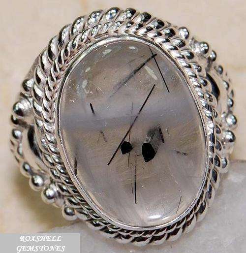 BLACK RITULATED QUARTZ  SIZE 8 HALF  STERLING SILVER