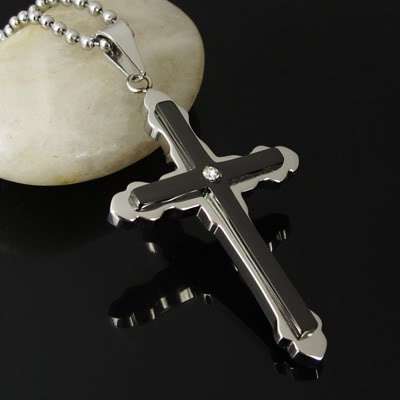 STAINLESS STEEL SILVER AND BLACK CROSS PENDANT WITH 1 CUBIC ZIR AND A S.STEEL CHAIN