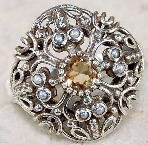 CITRINE AND SEED PEARL SET IN VICTORIAN STYLE 925 STERLING SILVER RING SIZE 6.5