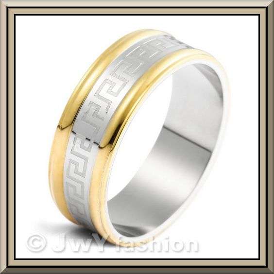 GOLD AND SILVER STAINLESS STEEL GREEK PRINT  WEDDING BAND COMFORT FIT  SIZE 9