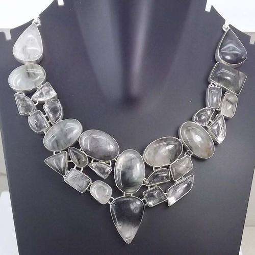 BLACK RITULATED QUARTZ SET IN GERMAN SILVER AND PLATED WITH 925