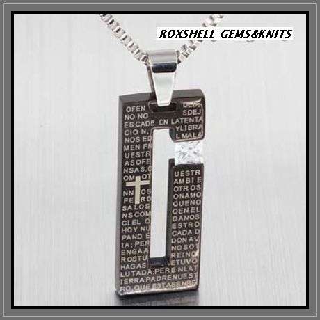 STAINLESS STEEL BLACK AND SILVER LORDS PRAYER PENDANT AND CUBIC ZIRCONIA WITH BOX CHAIN