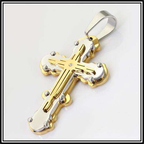 STAINLESS STEEL SILVER AND  GOLD TRIPLE DECKER CROSS 63MM PENDANT WITH 4 CUBICS AND A  S.STEEL CHAIN