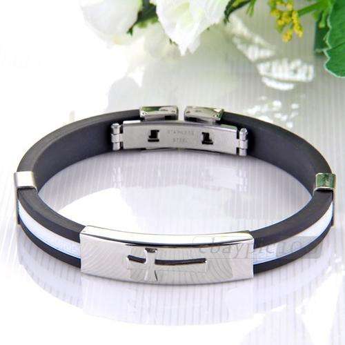 STAINLESS STEEL 316L BRACELET SILVER AND BLACK RUBBER CROSS LINKED
