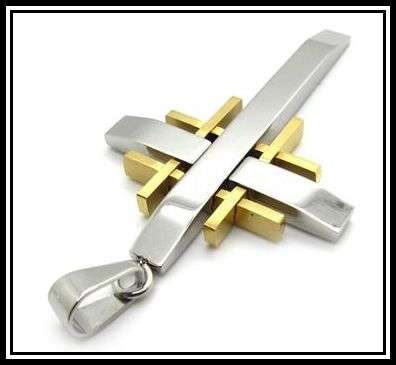 STAINLESS STEEL GOLD   MENS CROSS... 35MM X 55MM WITH STAINLESS STEEL OR LEATHER OR RUBBER THONG