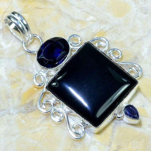 BLACK ONYX IOLITE AMETHYST PENDANT 62 MM INCL BAIL SET IN 925 STERLING SILVER