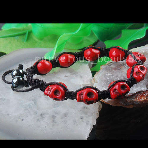 HOWLITE SKULLS - 12MM RED BRACELET  EACH  FITS 7 - 9 INCH
