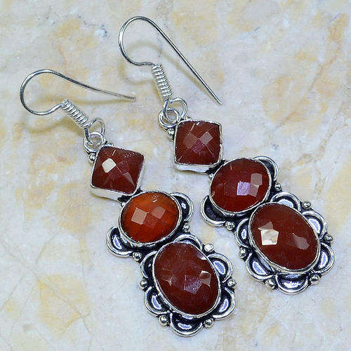 CARNELIAN 9X14MM SET IN 925 STERLING SILVER DROP EARRINGS