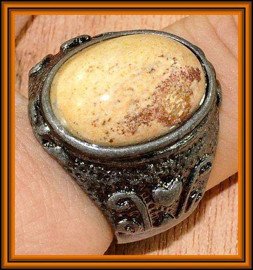 AFRICAN QUEEN PICTURE JASPER 18 X 13 MM RING SIZE 9.5 SET IN ORIGINAL COPPER
