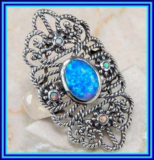 BLUE FIRE OPAL & OPAL 5 X 7 MM VICTORIAN STYLE RING SIZE 7 SET IN 925 STERLING SILVER