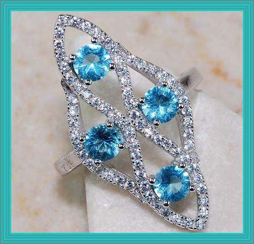AQUAMARINE & WHITE TOPAZ 5 X 5 MM VICTORIAN STYLE RING SIZE 8  SET IN  925 STERLING SILVER