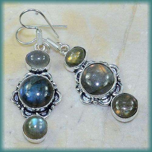 LABRADORITE 13 X 13 MM SET IN 925 STERLING SILVER DROP EARRINGS