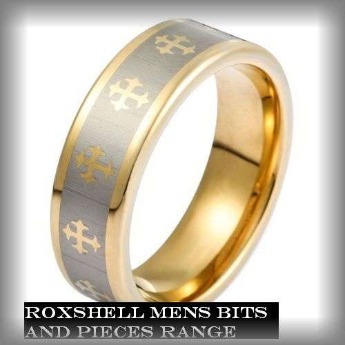 SOLID TUNGSTEN GOLD WEDDING BAND WITH  SANDBLASED CROSSPATTERN IN SILVER *****SIZE 10 AVAILABLE***