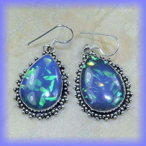 BLUE FIRE OPAL 18 X 26 MM SET IN 925 STERLING SILVER DROP EARRINGS