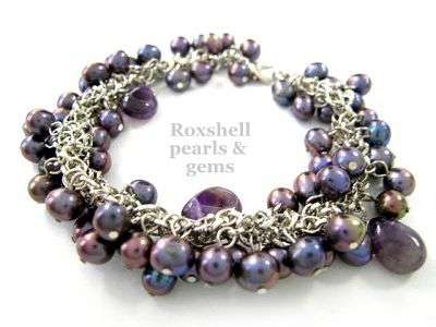 BLACK FRESH WATER PEARLS 8MM AND 5MM AMETHYST OVALS BRACELET