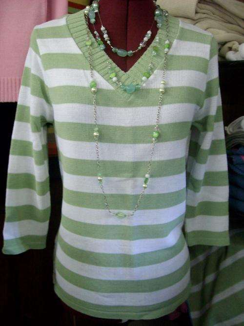 KNITTED  ROUNDED V NECK STRIPED PULLOVER IN PISTACHIO    YOU CHOOSE COL AND SIZE