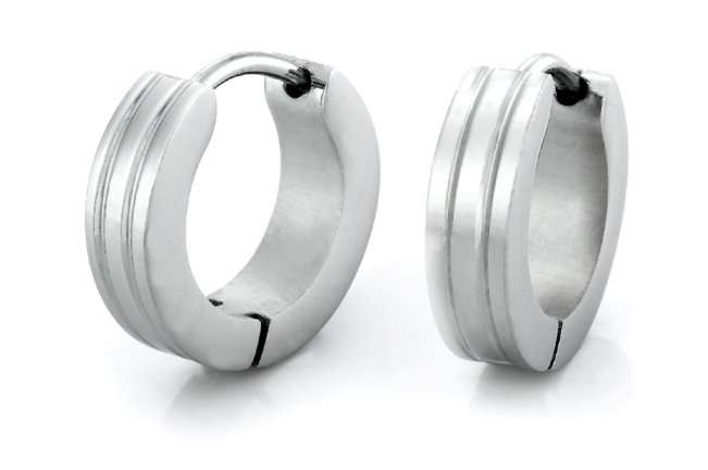 MENS SILVER  STAINLESS STEEL HOOPED EARINGS WITH TWO PARRALEL GROOVES