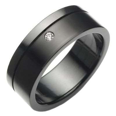 BLACK SOLID STAINLESS STEEL WEDDING BAND WITH 1 CUBIC ZIRCONIA **SIZE 10**