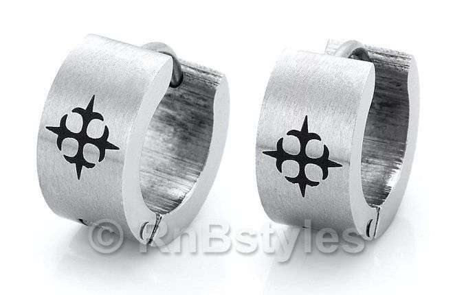 MENS SILVER  STAINLESS STEEL HOOPED EARINGS WITH BLACK ENGRAVED CROSS