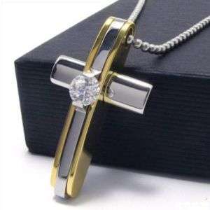 GOLD AND  SILVER STAINLESS STEEL 316L CROSS PENDANT WITH 1 HUGE CUBIC ZIRCONIA  & FREE BALL CHAIN