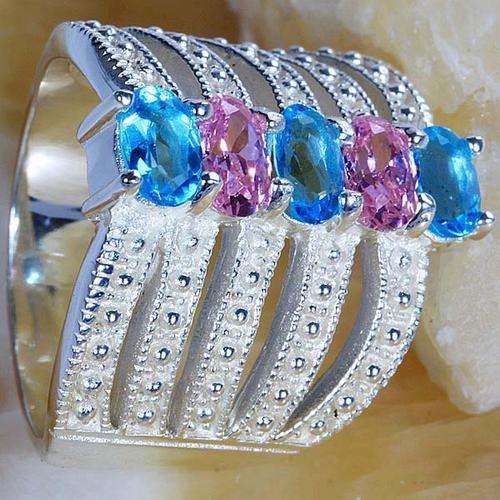 SIZE 8 RARE LONDON BLUE TOPAZ WITH PINK TOPAZ SET IN SOLID 925 S SILVER RING