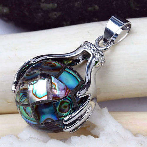 ABALONE SHELL ROUND SUSPENPED SPINNING BALL PENDANT 20X27MM WITH A STERLING SILVER BOX CHAIN 54CM