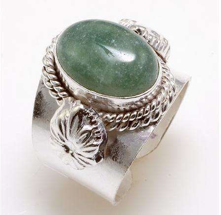 GREEN JADE RING STERLING SILVER PLATED OVER COPPER SIZE 8 AND ADJUSTABLE TO SIZE 9