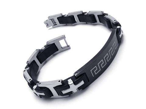 STAINLESS STEEL 316L SILVER AND BLACK RUBBER CROSS LINKED BRACELET WITH GREEK PRINT.